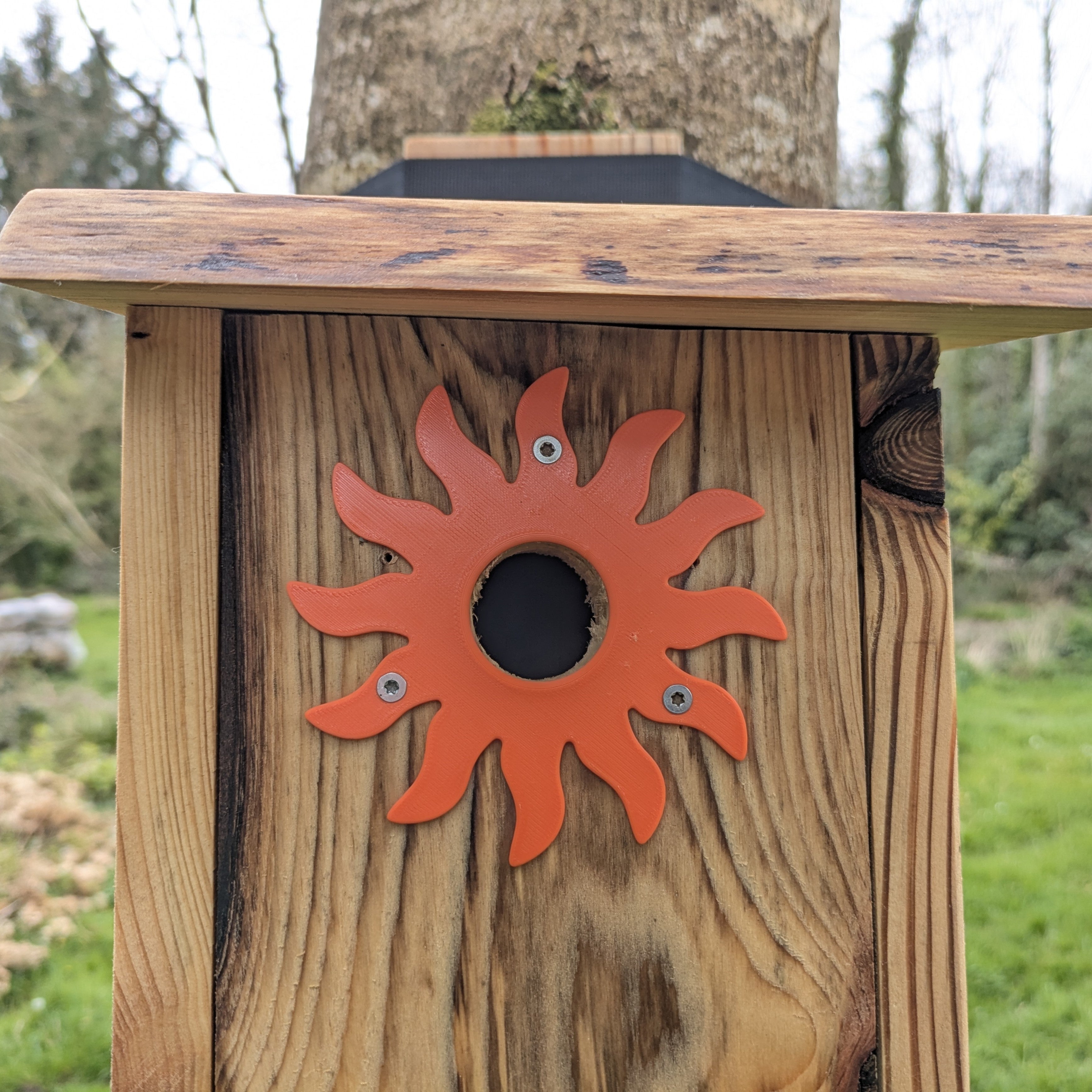 Plaque décorative de protection de trous d'envol pour nichoirs - protection anti prédateurs modèle "Le Soleil" La Buse Qui File